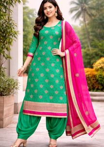 Elegant Green Suit Set with Pink Dupatta 😍