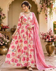 Stunning Floral Print Gown with Dupatta