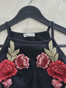 Black floral embroidered halter top