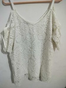 White Lace Cold Shoulder Top with Floral Embroider