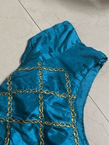 Teal Silk Blouse with Gold Embroidery