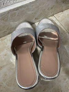 Sparkly Silver Wedge Slides