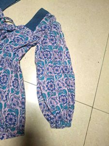 Boho Floral Print Top with Denim Details