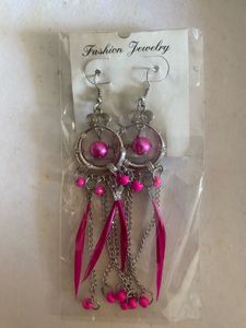New Pink Boho Dangler Earrings with Chains &amp; Beads