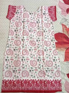 White Kurta with Red Ethnic Print