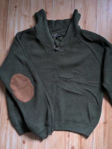 Green Ribbed Knit Sweater with Suede Patches