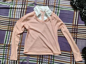 Peach V-Neck Long Sleeve Top with Collar
