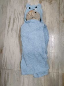 Cute Blue Bear Baby Hooded Towel cum wrapper