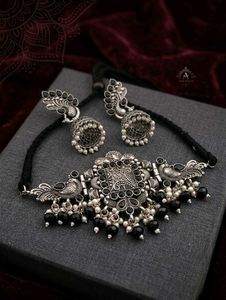 Oxidized Silver Peacock Jhumka Set