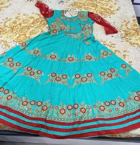 zari work Teal Embroidered Anarkali Gown