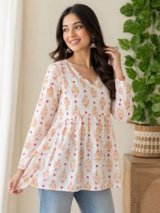 White Printed V-Neck Kurti