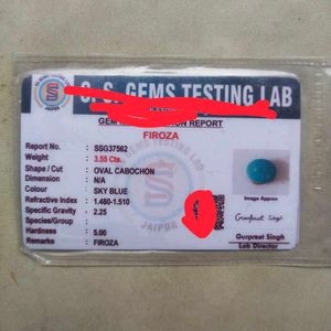 India Mines 3.55cts Firoza Stone Original Certify.