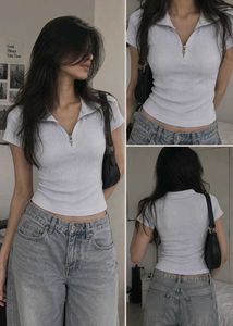 White Ribbed Zip-Neck Top