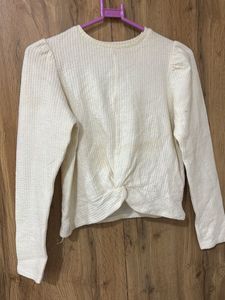 Cream Ribbed Twist Front Top