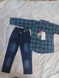 Boys Plaid Shirt and Denim Jeans Set with belt
