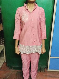 Pink Cotton Kurta Set with Lace Detail