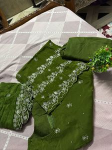 Embroidered Olive Green Kurta Set