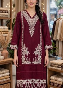 Maroon Kurta with White Embroidery Set