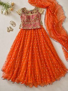 Orange Net Lehenga Choli with Golden Embellishment