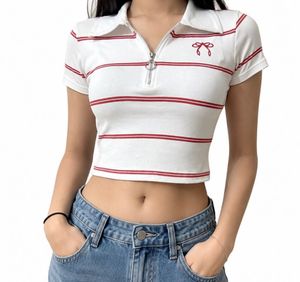 White Striped Zip Polo Crop Top (S)