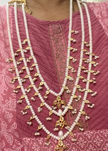 Elegant Pure Pearl &amp; Gold Satlada Necklace Set