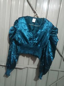 Teal Satin Puff Sleeve Top