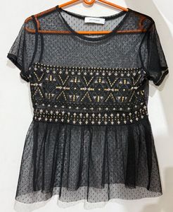 PROMOD Women Black Embroidered Semi-Sheer A-Line T
