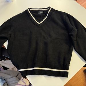Black V-Neck Striped Sweater