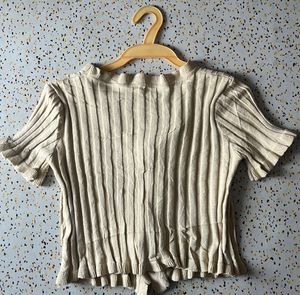 Ribbed Ruffle Trim Tie-Front Top
