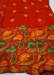 Red Printed Soft Saree With Unstitched Blouse