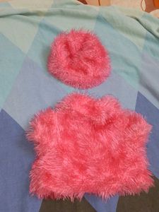 Cute Pink Furry Cape and Hat Set