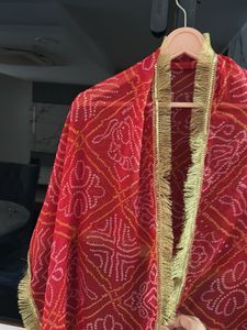 Red Bandhani Dupatta with Gold Border