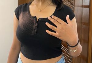 Ribbed Black Cropped Henley Top