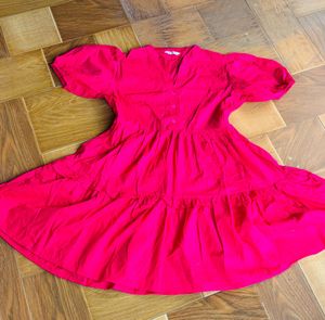 Vibrant Pink Puff Sleeve Tiered Dress