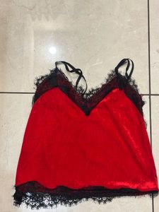 Red Velvet Lace Trim Cami Top
