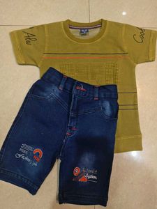 Boys Green T-shirt and Denim Shorts Set