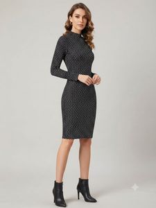 Black & White Polka Dot Print Bodycon Midi Dress