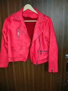 Red Studded Faux Suede Jacket