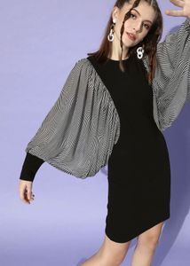 Women Black Solid Batwing Sleeve Dress