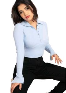 Cuffed Sleeves Solid Blue Top And Stripped Tee