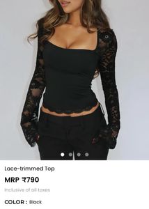 Black Lace Trimmed Long Sleeve Top