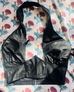 Black Faux Leather Halter Neck Crop Top