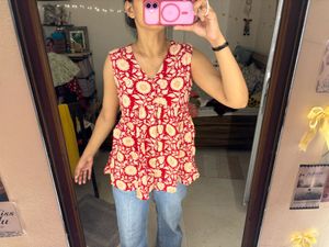 Red Floral Sleeveless Peplum Top