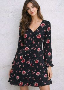 Chic Black Floral Print Button-Up Dress