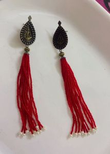 Red Beaded Tassel Earrings