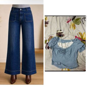 combo of Stylish Blue Wide Leg Jeans and top
