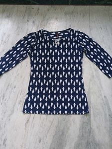 Navy Blue Diamond Print Long Sleeve Top