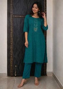 Teal Embellished Kurta with Pants Set