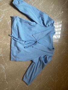 Blue Ribbed V-Neck Tie Top