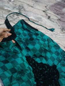 Green &amp; Black Checked Ethnic Gown
